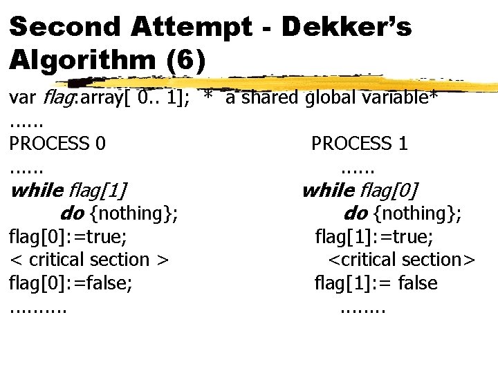 Second Attempt - Dekker’s Algorithm (6) var flag: array[ 0. . 1]; * a
