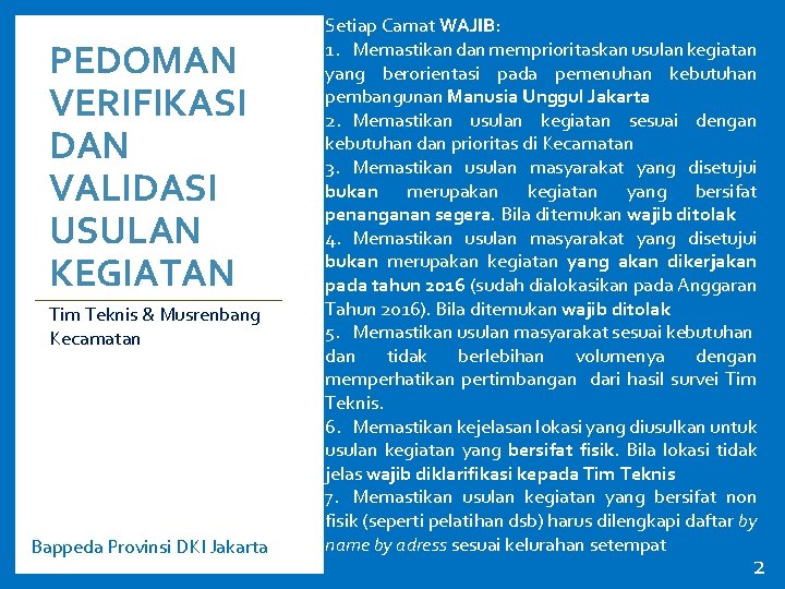 PEDOMAN VERIFIKASI DAN VALIDASI USULAN KEGIATAN Tim Teknis & Musrenbang Kecamatan Bappeda Provinsi DKI