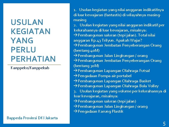 USULAN KEGIATAN YANG PERLU PERHATIAN Kanppeko/Kanppekab Bappeda Provinsi DKI Jakarta 1. Usulan kegiatan yang