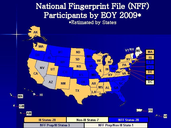 National Fingerprint File (NFF) Participants by EOY 2009* *Estimated by States AK WA MT