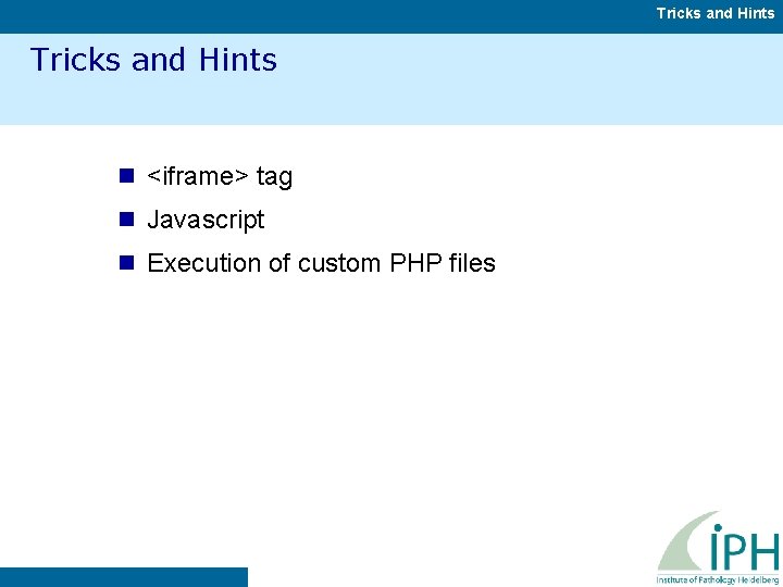 Tricks and Hints n <iframe> tag n Javascript n Execution of custom PHP files