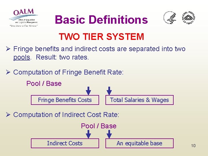 Basic Definitions TWO TIER SYSTEM Ø Fringe benefits and indirect costs are separated into