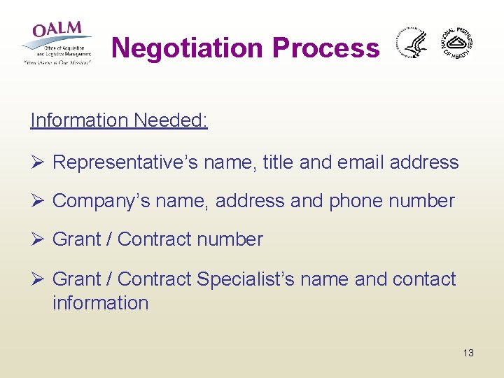 Negotiation Process Information Needed: Ø Representative’s name, title and email address Ø Company’s name,