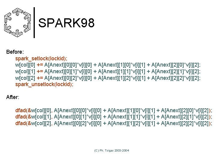 SPARK 98 Before: spark_setlock(lockid); w[col][0] += A[Anext][0][0]*v[i][0] + A[Anext][1][0]*v[i][1] + A[Anext][2][0]*v[i][2]; w[col][1] += A[Anext][0][1]*v[i][0]