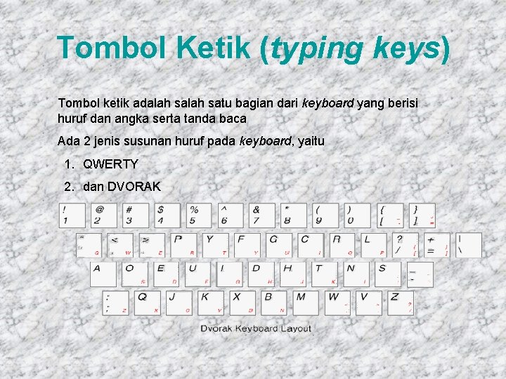 Tombol Ketik (typing keys) Tombol ketik adalah satu bagian dari keyboard yang berisi huruf