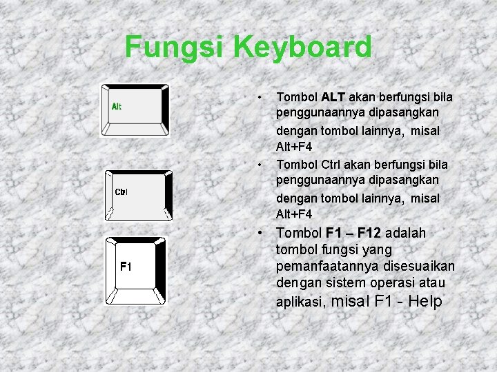 Fungsi Keyboard • • Tombol ALT akan berfungsi bila penggunaannya dipasangkan dengan tombol lainnya,