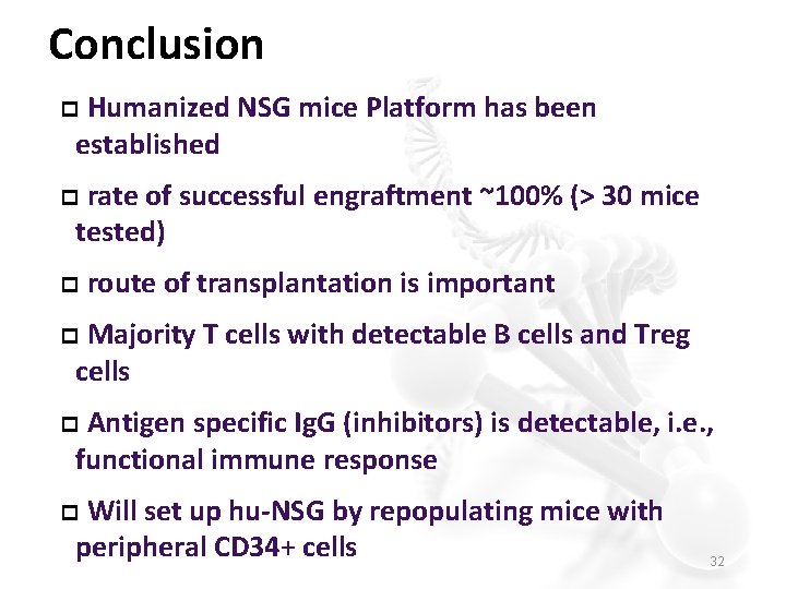 Conclusion Humanized NSG mice Platform has been established p rate of successful engraftment ~100%