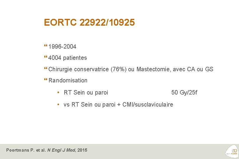 EORTC 22922/10925 1996 -2004 4004 patientes Chirurgie conservatrice (76%) ou Mastectomie, avec CA ou
