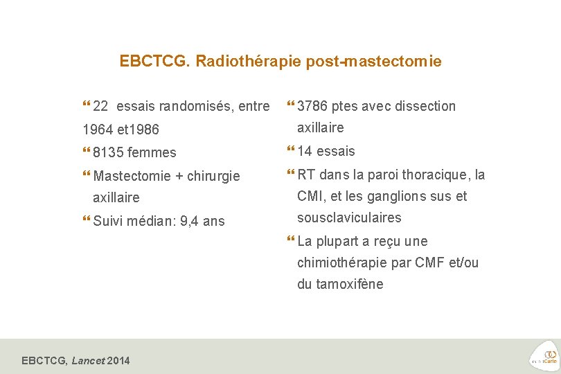 EBCTCG. Radiothérapie post-mastectomie 22 essais randomisés, entre 1964 et 1986 3786 ptes avec dissection