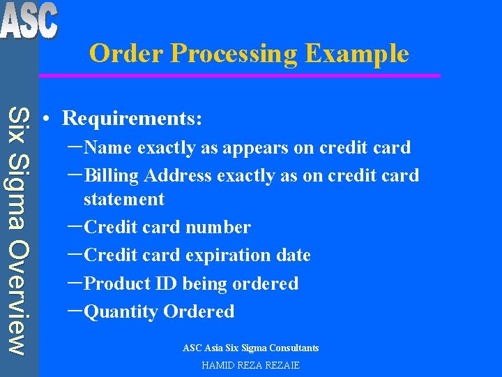 Order Processing Example Six Sigma Overview • Requirements: –Name exactly as appears on credit