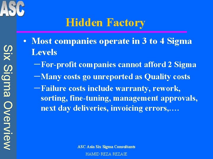 Hidden Factory Six Sigma Overview • Most companies operate in 3 to 4 Sigma