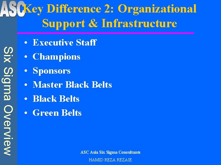 Key Difference 2: Organizational Support & Infrastructure Six Sigma Overview • • • Executive
