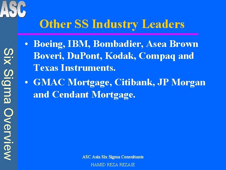 Other SS Industry Leaders Six Sigma Overview • Boeing, IBM, Bombadier, Asea Brown Boveri,