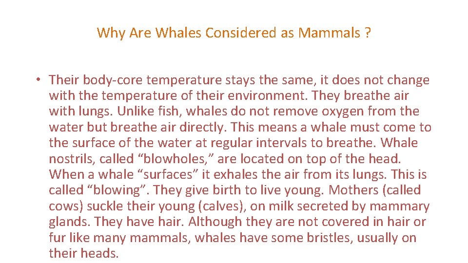 Why Are Whales Considered as Mammals ? • Their body-core temperature stays the same,