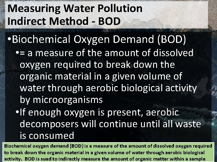 Measuring Water Pollution Indirect Method - BOD • Biochemical Oxygen Demand (BOD) • =