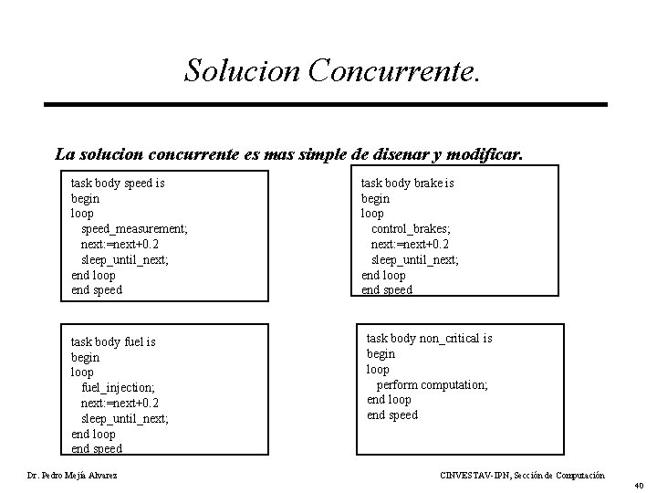 Solucion Concurrente. La solucion concurrente es mas simple de disenar y modificar. task body