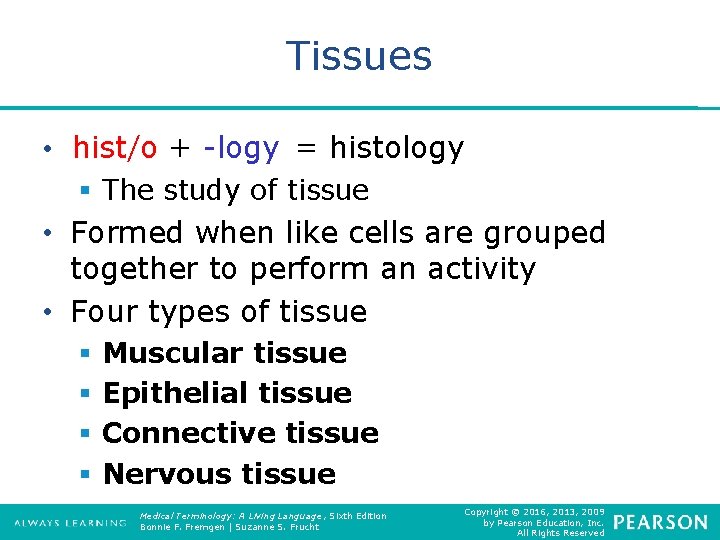 Tissues -logy = = histology • hist/o + -logy § The study of tissue