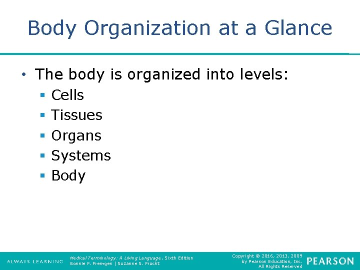 Body Organization at a Glance • The body is organized into levels: § §