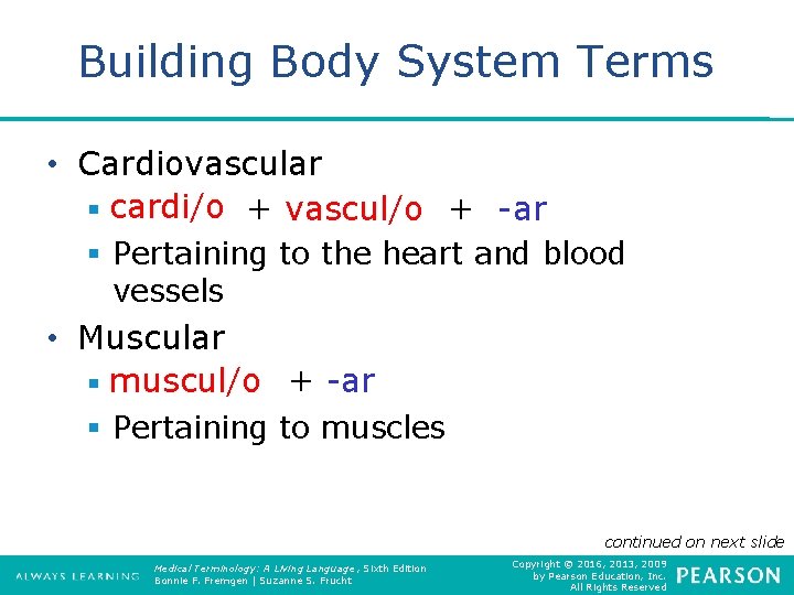 Building Body System Terms • Cardiovascular § cardi/o + vascul/o + -ar § Pertaining