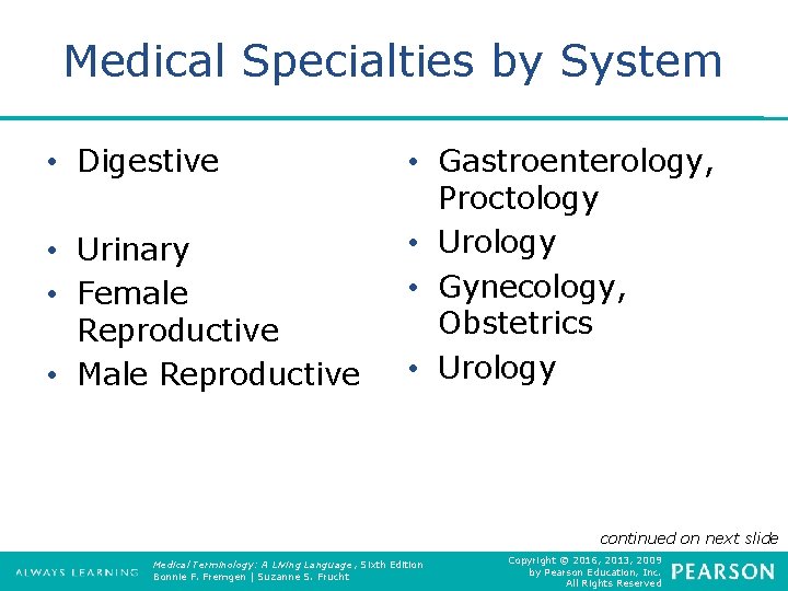 Medical Specialties by System • Digestive • Urinary • Female Reproductive • Male Reproductive