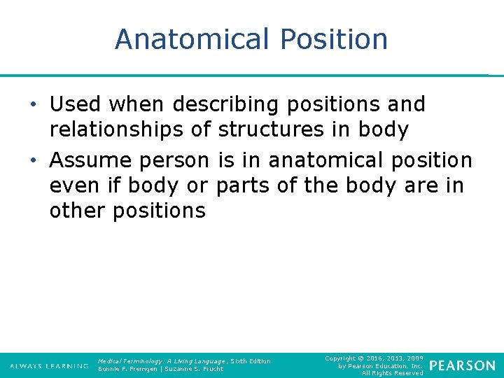 Anatomical Position • Used when describing positions and relationships of structures in body •