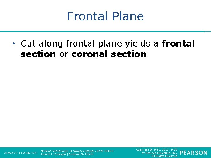 Frontal Plane • Cut along frontal plane yields a frontal section or coronal section