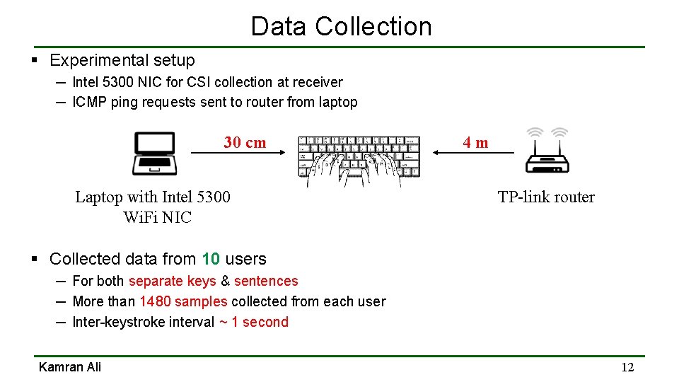 Data Collection § Experimental setup ─ Intel 5300 NIC for CSI collection at receiver Data Collection § Experimental setup ─ Intel 5300 NIC for CSI collection at receiver