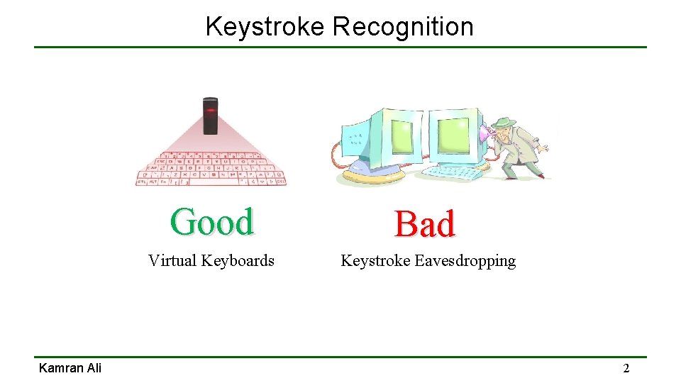 Keystroke Recognition Kamran Ali Good Bad Virtual Keyboards Keystroke Eavesdropping 2 Keystroke Recognition Kamran Ali Good Bad Virtual Keyboards Keystroke Eavesdropping 2