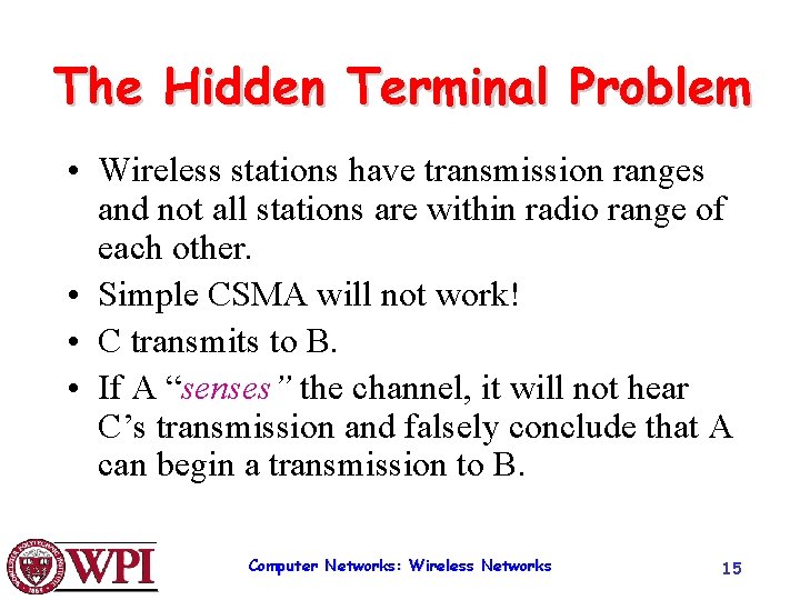 The Hidden Terminal Problem • Wireless stations have transmission ranges and not all stations