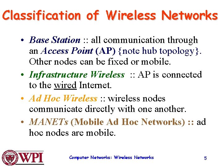 Classification of Wireless Networks • Base Station : : all communication through an Access