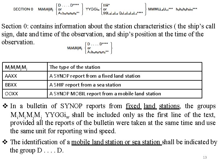 Section 0: contains information about the station characteristics ( the ship’s call sign, date