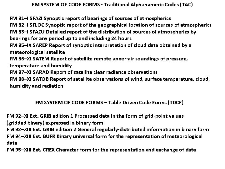 FM SYSTEM OF CODE FORMS - Traditional Alphanumeric Codes (TAC) FM 81–I SFAZI Synoptic