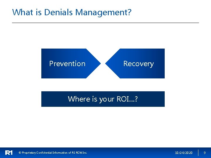 What is Denials Management? Prevention Recovery Where is your ROI…? © Proprietary Confidential Information