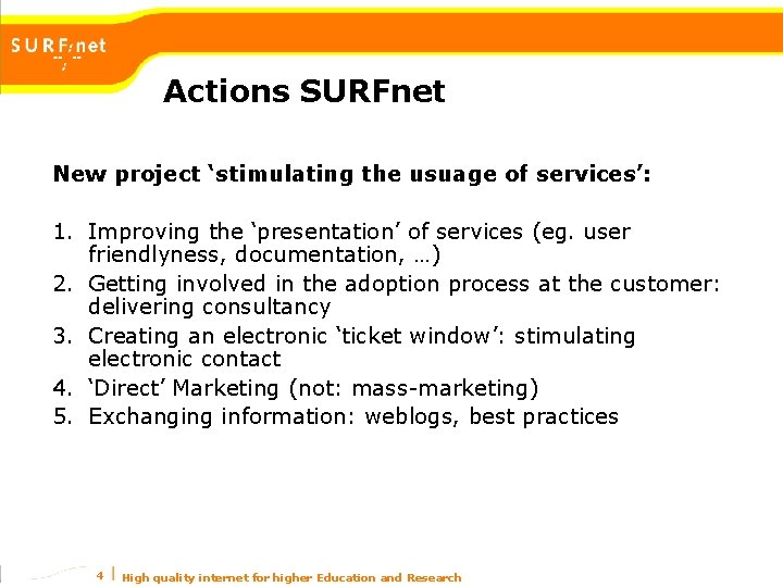 Actions SURFnet New project ‘stimulating the usuage of services’: 1. Improving the ‘presentation’ of