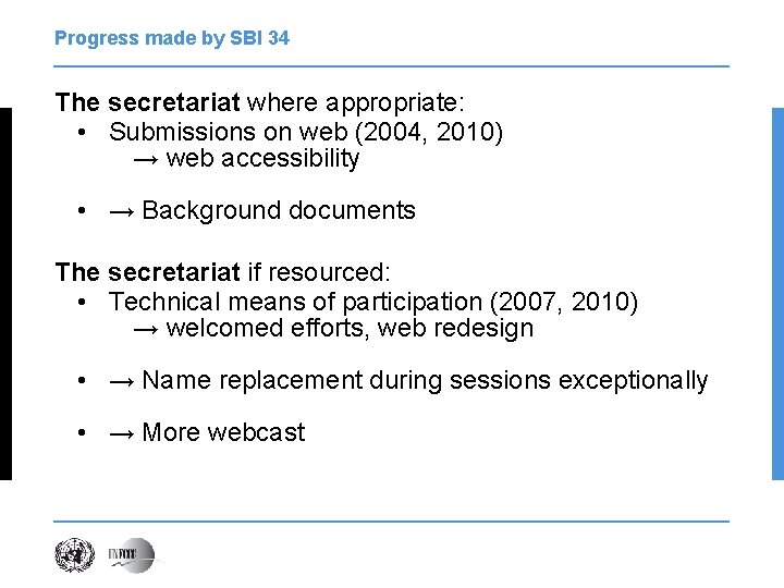 Progress made by SBI 34 The secretariat where appropriate: • Submissions on web (2004,