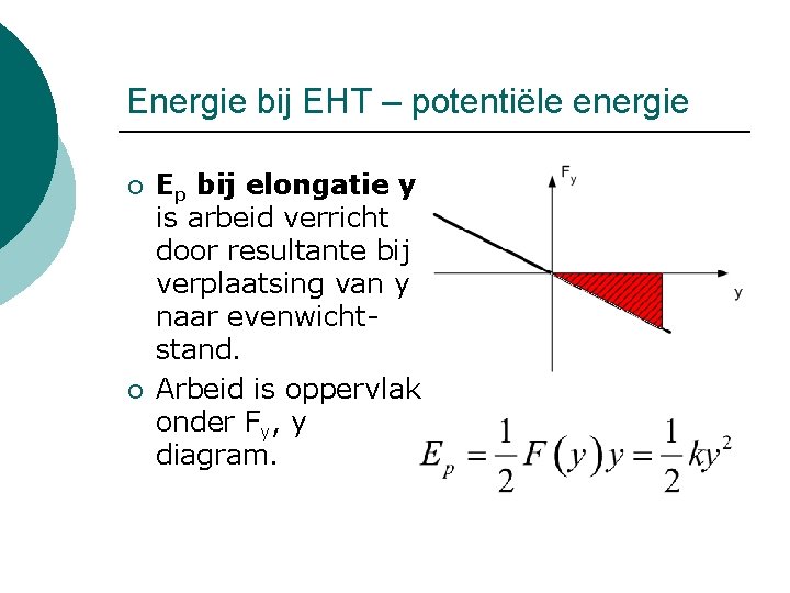 Energie bij EHT – potentiële energie ¡ ¡ Ep bij elongatie y is arbeid
