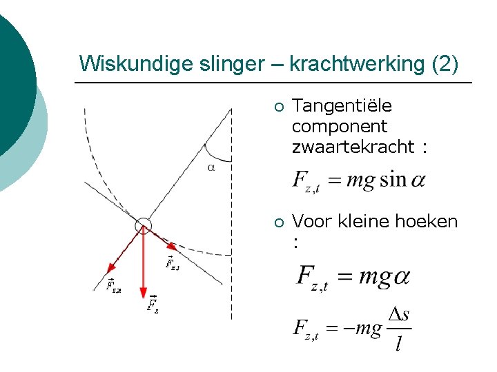 Wiskundige slinger – krachtwerking (2) ¡ Tangentiële component zwaartekracht : ¡ Voor kleine hoeken