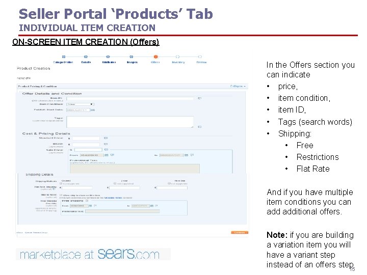 Seller Portal ‘Products’ Tab INDIVIDUAL ITEM CREATION ON-SCREEN ITEM CREATION (Offers) In the Offers