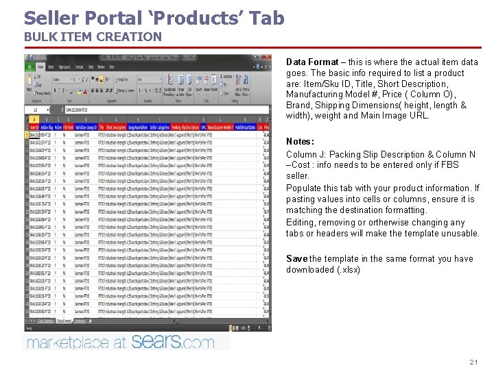 Seller Portal ‘Products’ Tab BULK ITEM CREATION Data Format – this is where the