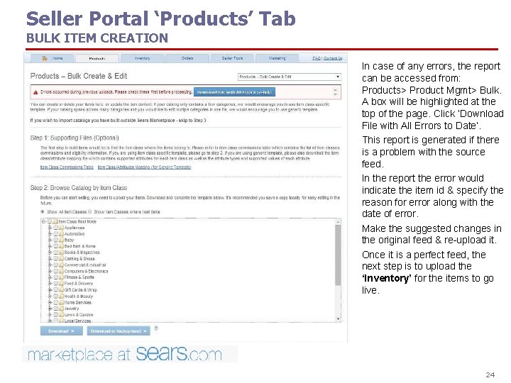 Seller Portal ‘Products’ Tab BULK ITEM CREATION In case of any errors, the report