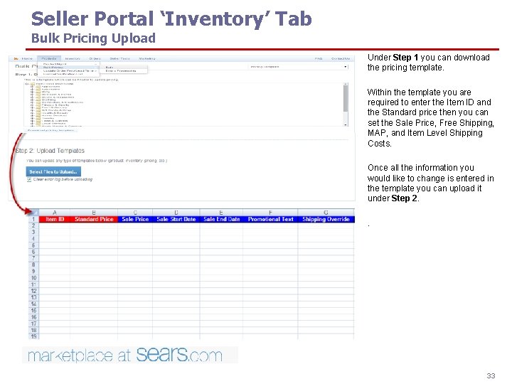 Seller Portal ‘Inventory’ Tab Bulk Pricing Upload Under Step 1 you can download the