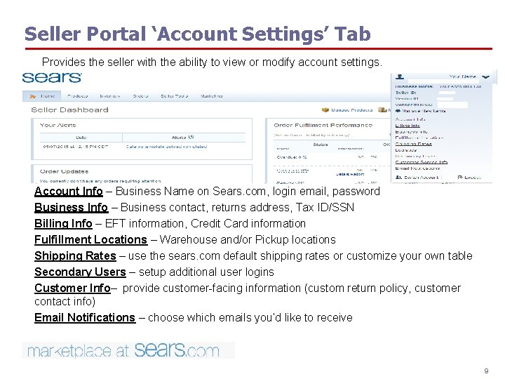 Seller Portal ‘Account Settings’ Tab Provides the seller with the ability to view or