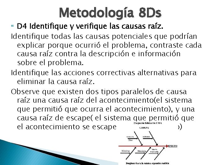 Metodología 8 Ds D 4 Identifique y verifique las causas raíz. Identifique todas las