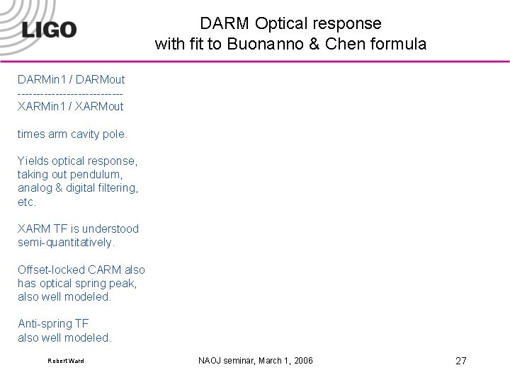 DARM Optical response with fit to Buonanno & Chen formula DARMin 1 / DARMout