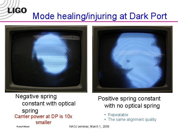 Mode healing/injuring at Dark Port Negative spring constant with optical spring Carrier power at