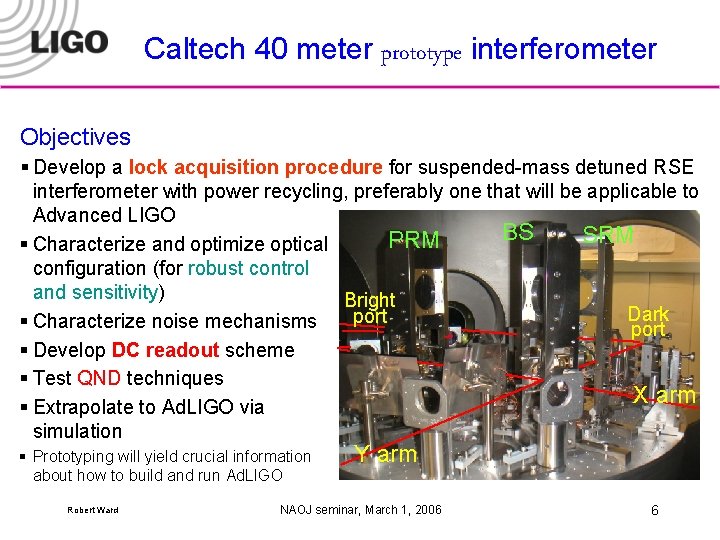 Caltech 40 meter prototype interferometer Objectives § Develop a lock acquisition procedure for suspended-mass
