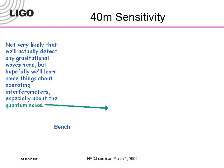 40 m Sensitivity Not very likely that we’ll actually detect any gravitational waves here,