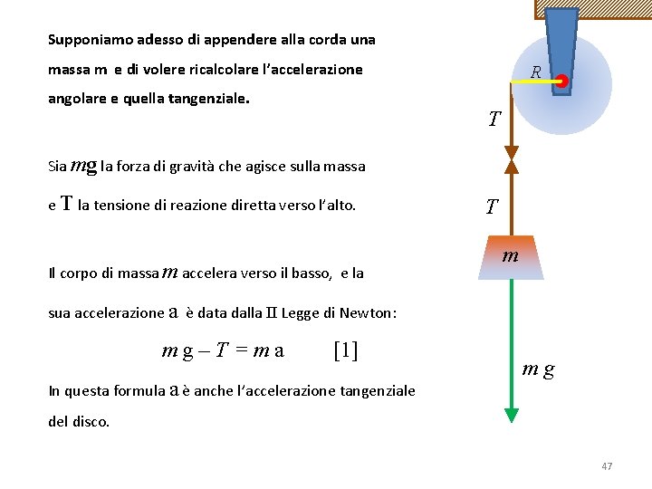 Supponiamo adesso di appendere alla corda una massa m e di volere ricalcolare l’accelerazione