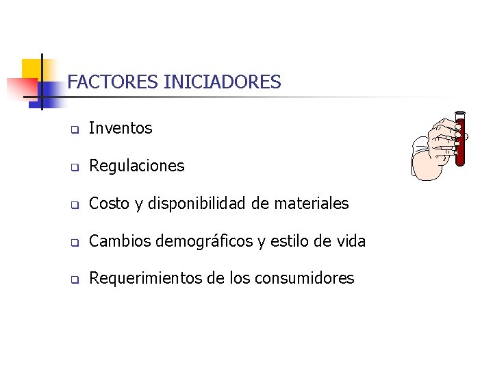 FACTORES INICIADORES q Inventos q Regulaciones q Costo y disponibilidad de materiales q Cambios