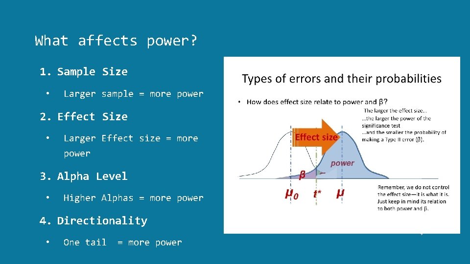 What affects power? 1. Sample Size • Larger sample = more power 2. Effect